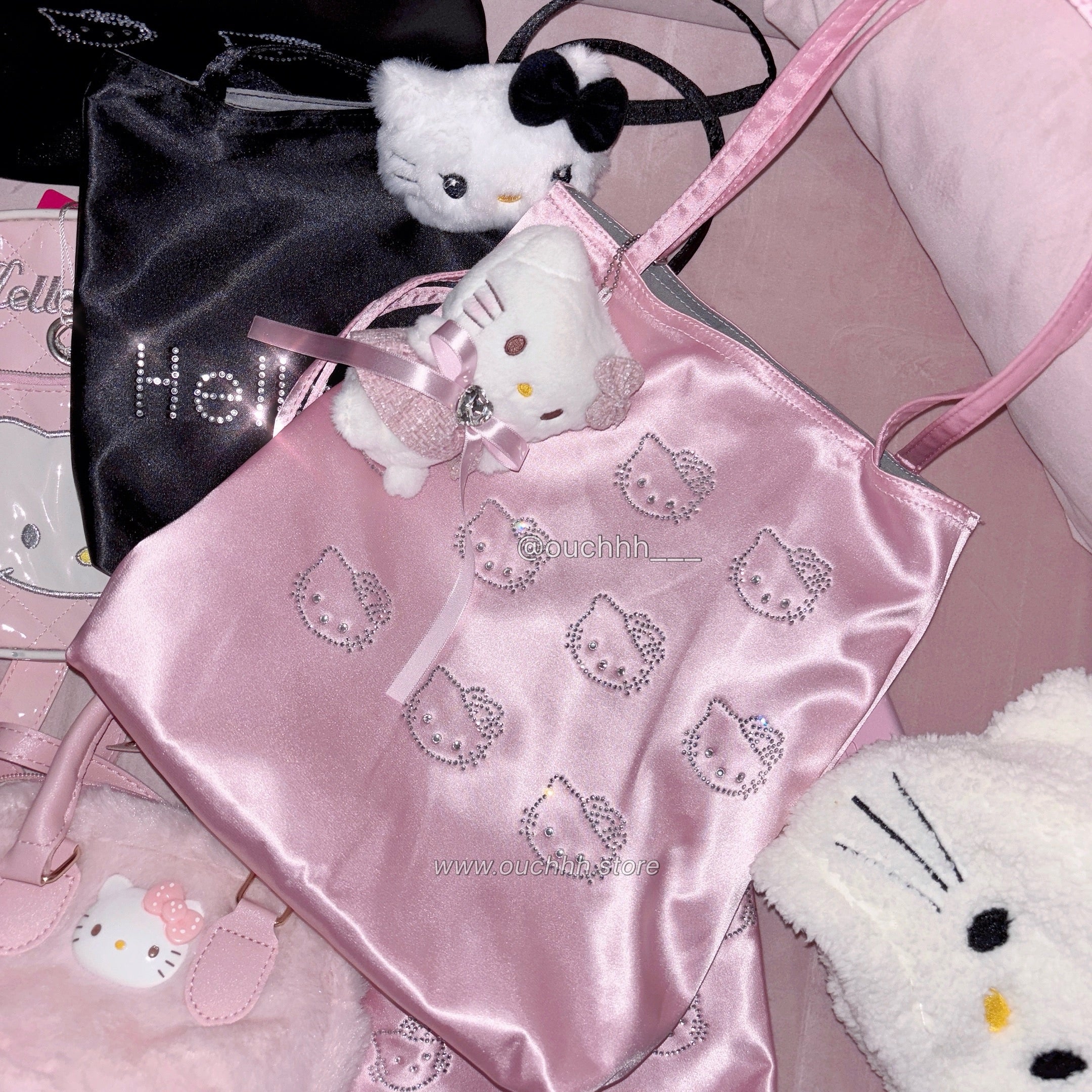 Hello Kitty Satin Tote Bag With Plushie (Pink/ Black)