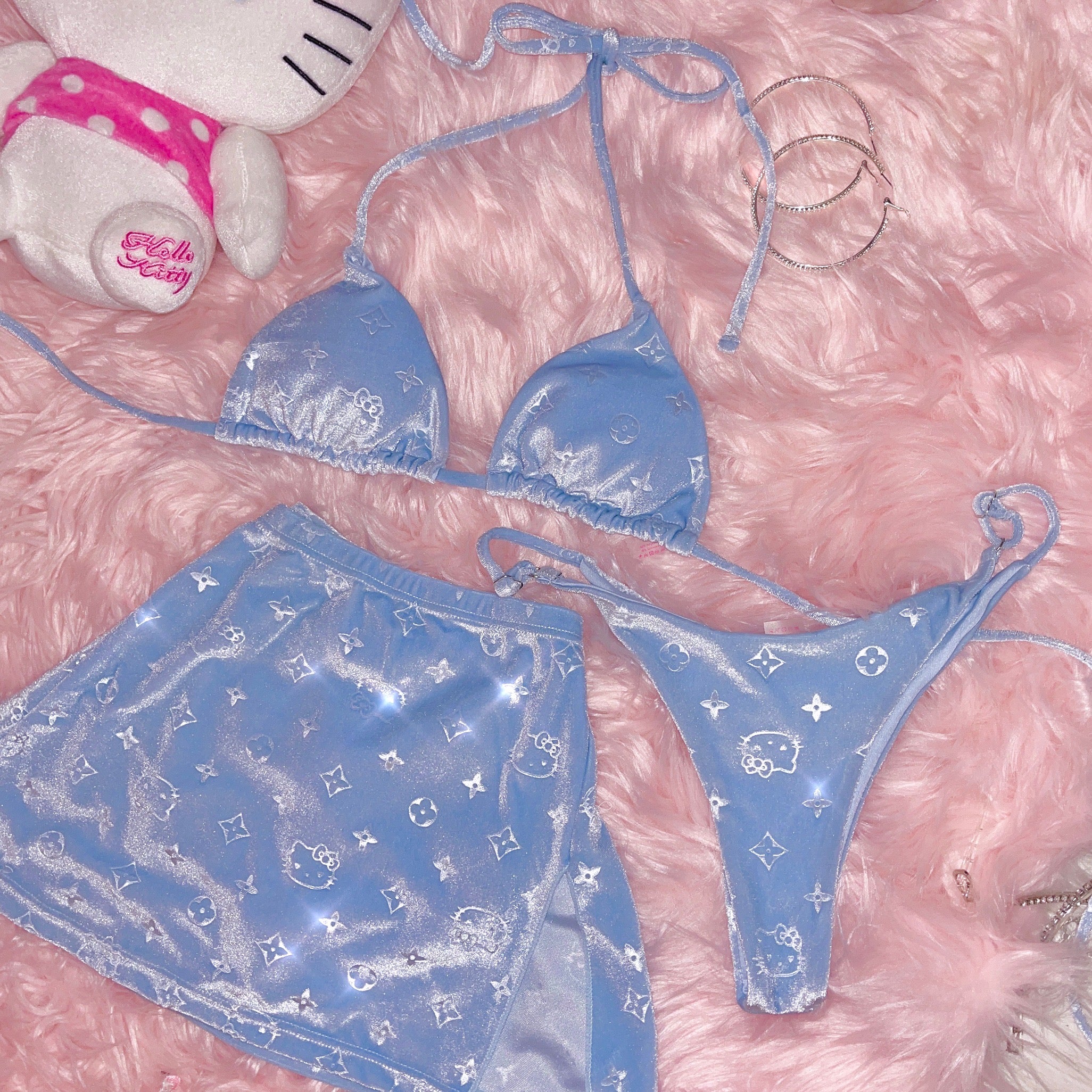 Glow up Lavish Kitty Bikini 3 Piece Set (Baby Blue)