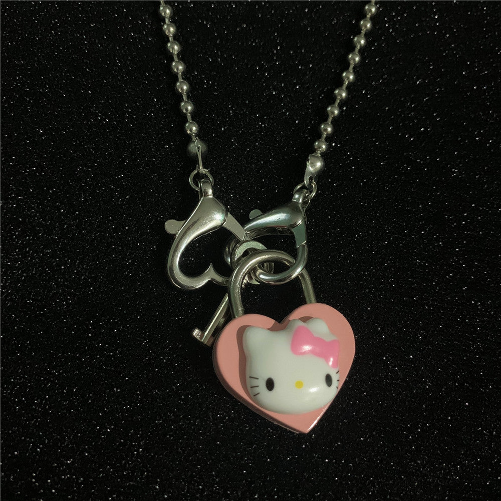 Kitty Heart Lock Ball chain Necklace