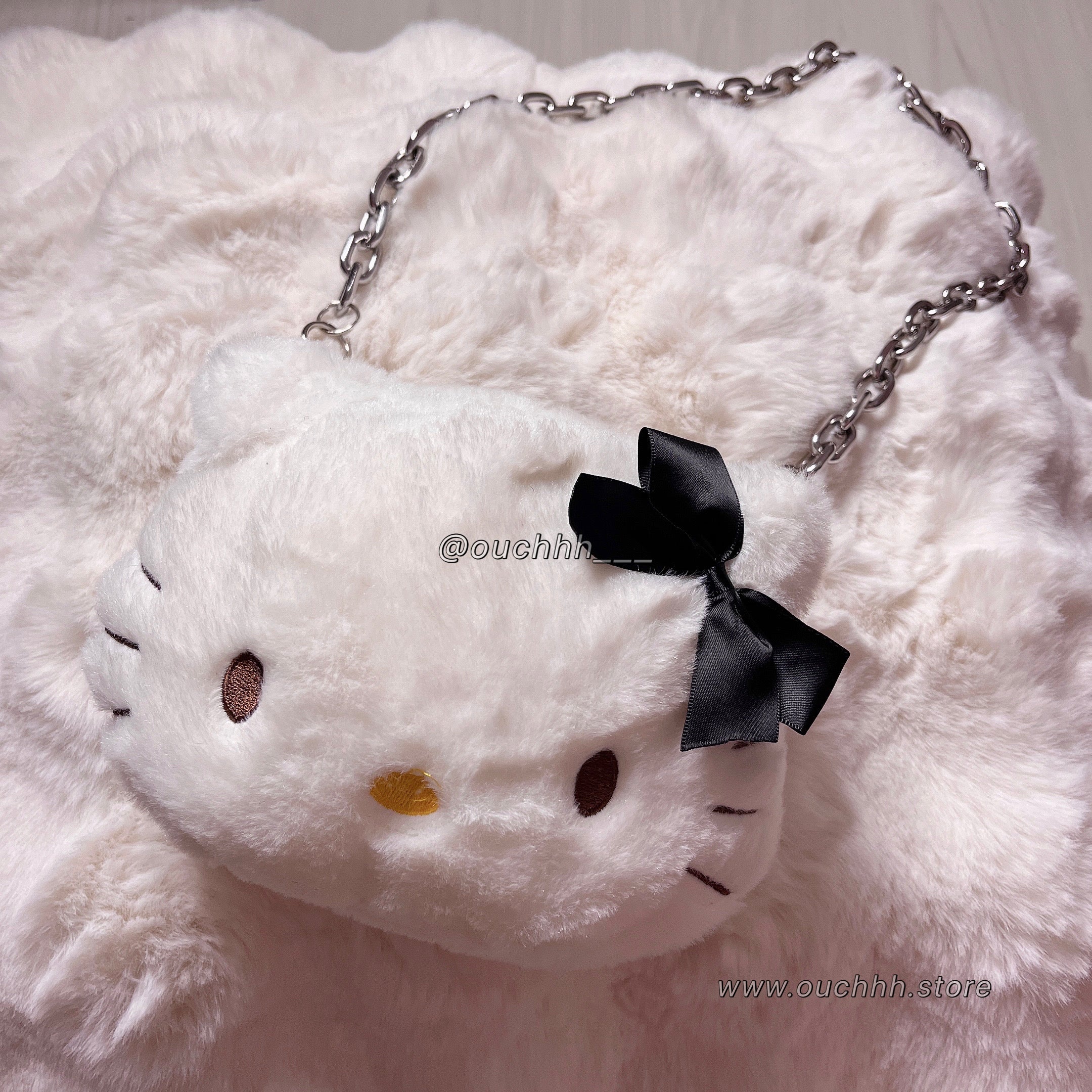 Kitty Plush Chained Bag (Pink + Black Ribbons)